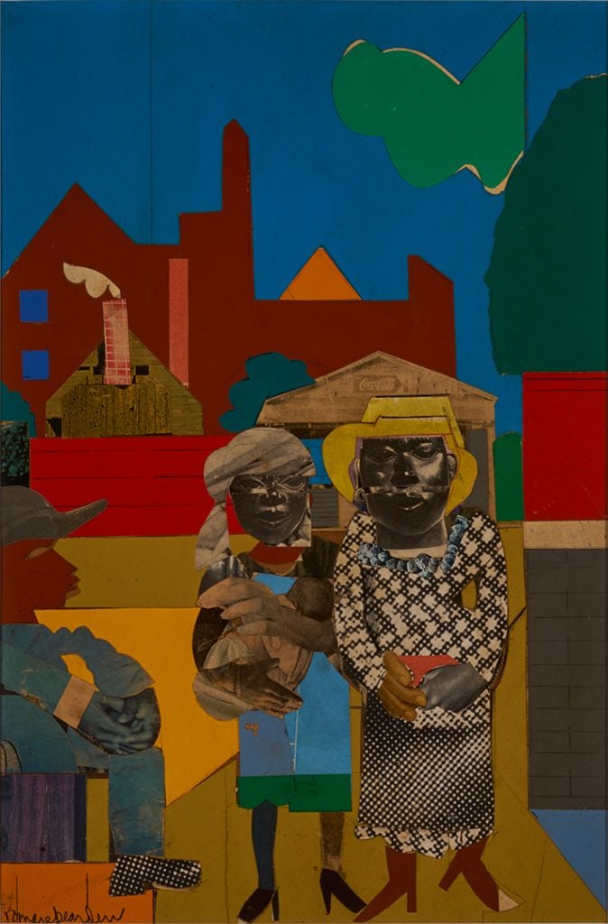 A collage of three figures in a cityscape. 